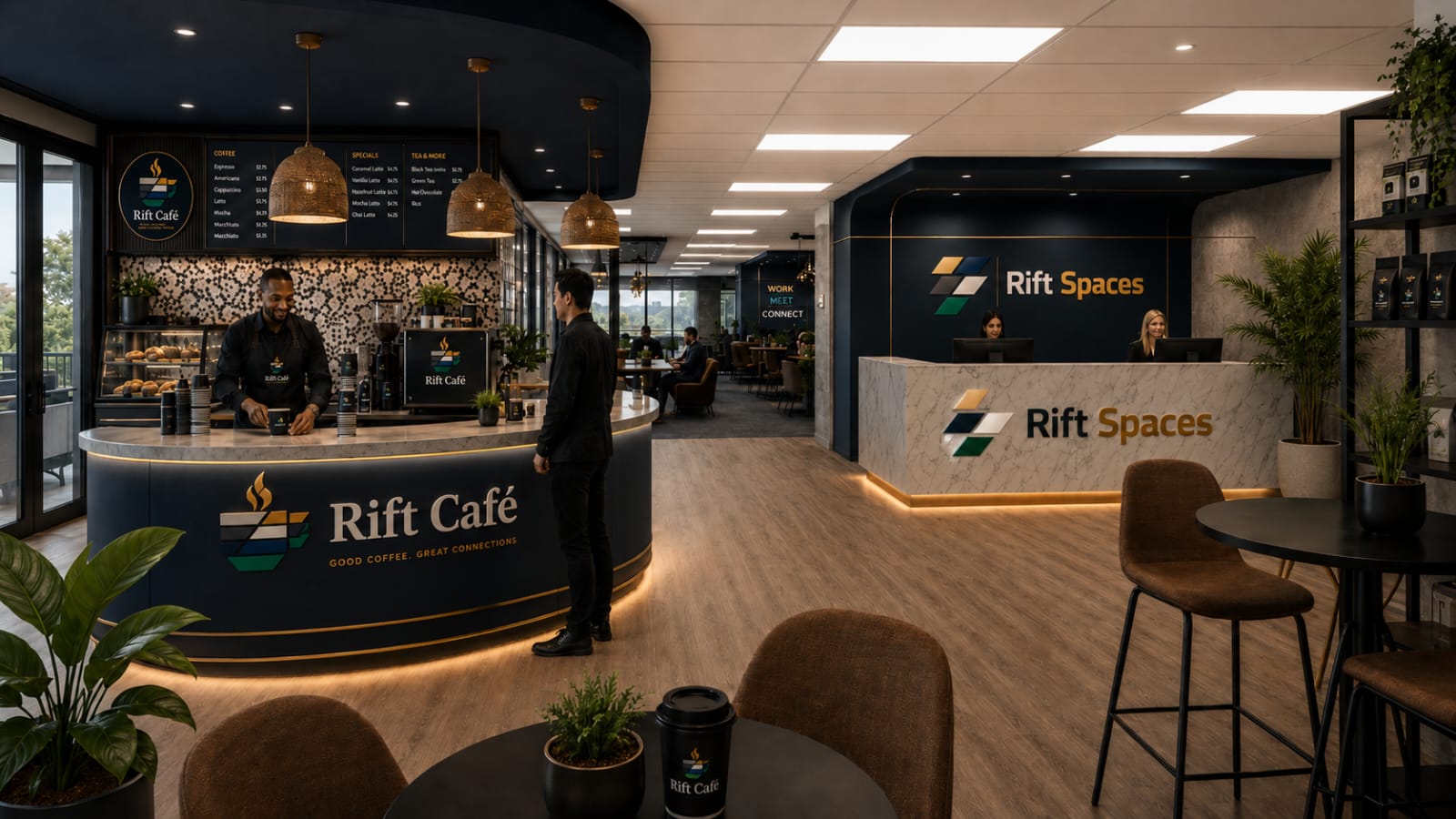Rift Café seating with Rift Spaces reception in the background