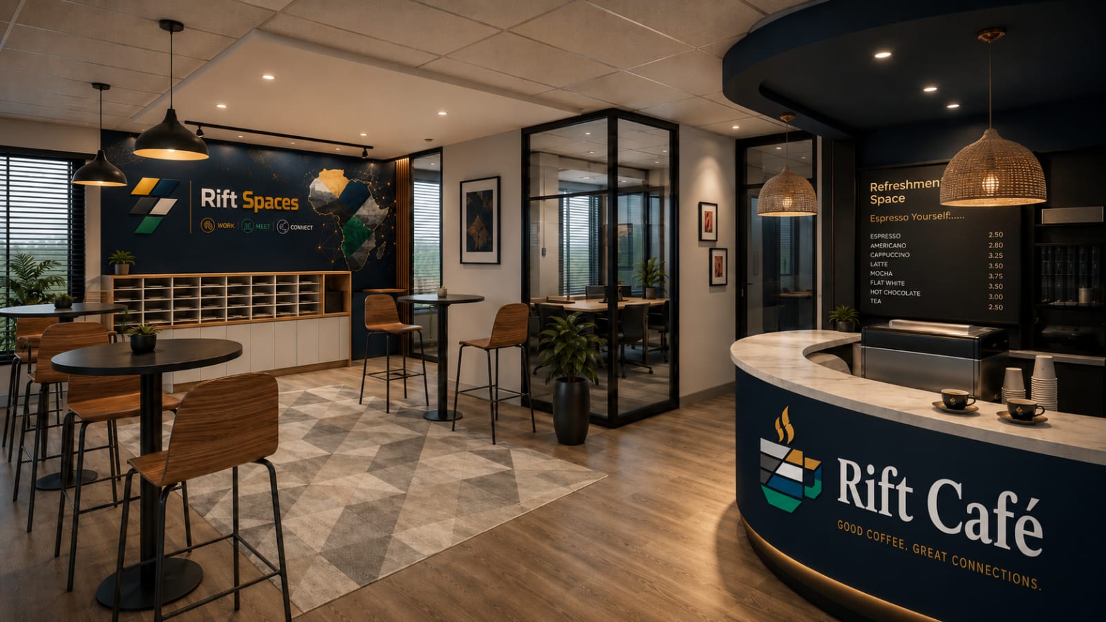 Refreshment space with menu board and espresso bar